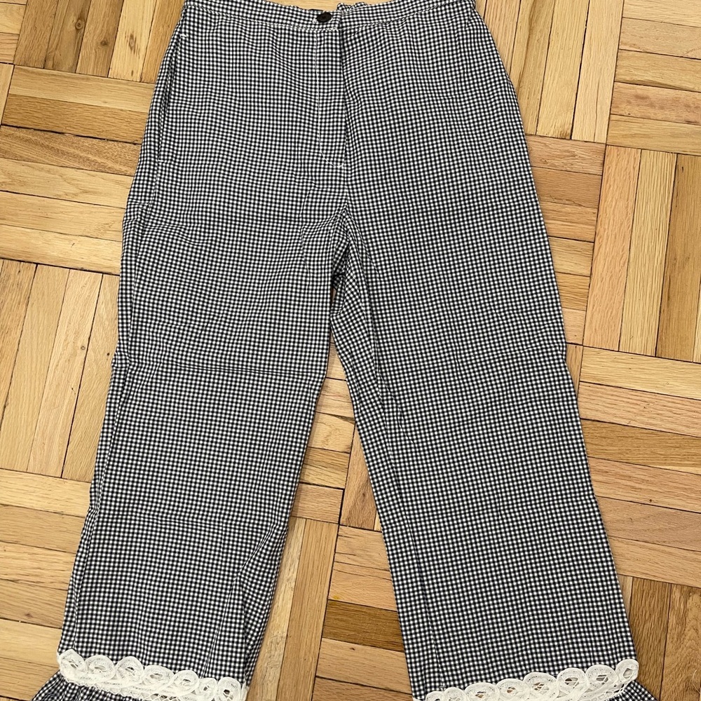 Blue and White Checkered Pants with Lace Trim